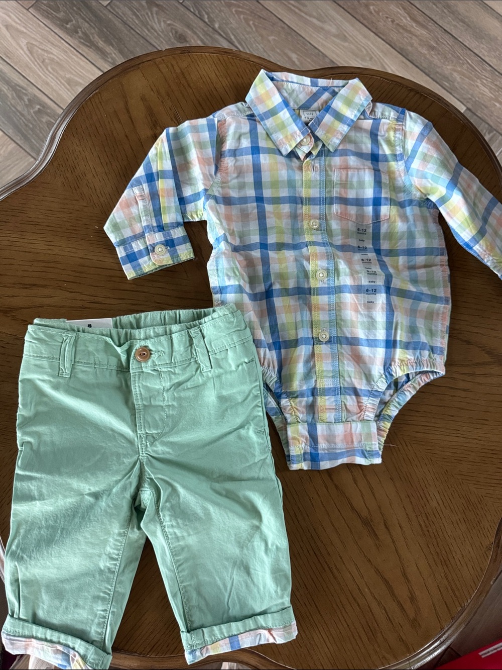 GAP Pastel Plaid Button-Front Bodysuit & Mint Pants Set